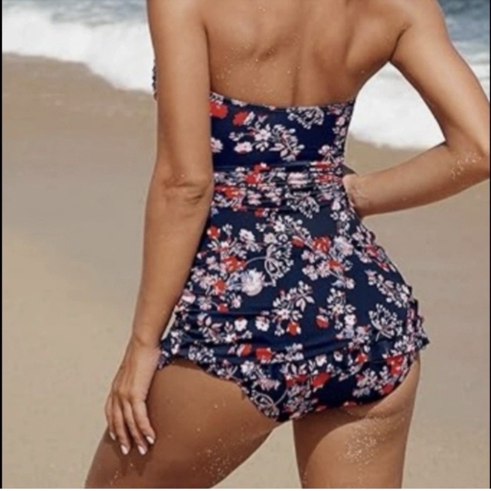 Dobreva Swimdress Womens Small Navy Floral Bandeau Skirted One Piece Swimwear - Picture 5 of 16